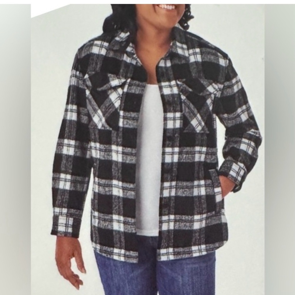 NWT Member's Mark Women's Button Front Plaid Shacket - Black‎ & White Size XS